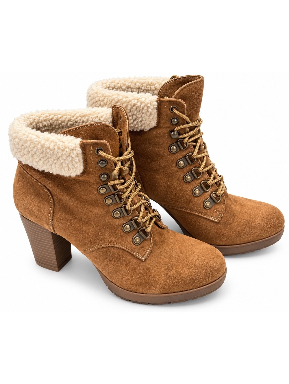 Brash Tan Faux Suede Sherpa Lace-Up Block Heel Ankle Boots